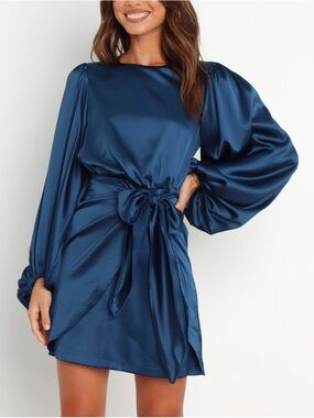 Petal & Pup NWT Navy Opal Satin Effect Long Sleeve Wrap Mini Dress